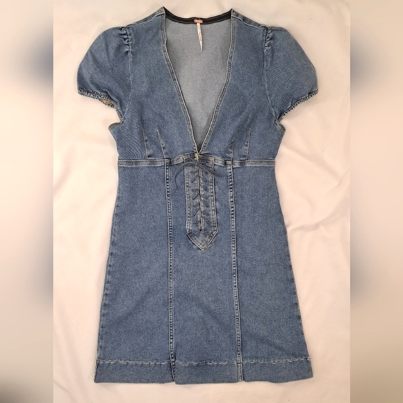 Free People Womens Something Sweet Denim Dress Mini Stretch Lace Up V Neck 6 - Picture 5 of 16
